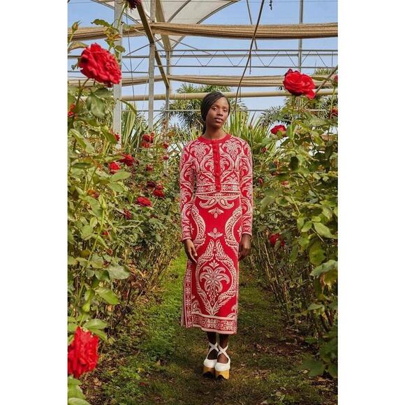 Farm Rio Red & Off White Tropical Jacquard Knit Cardigan Sweater Size XLarge - Picture 3 of 4